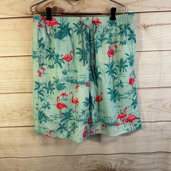 Blue Floral & Pink Flamingos Print Bathing Suit Trunks Size Large - Picture 1 of 4